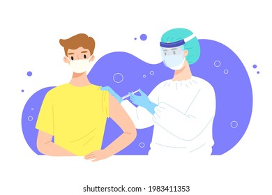 Young man get injected COVID-19 vaccine by doctor in protective suit. Concept of coronavirus vaccination, getting first shot, herd immunity, immunization against virus. Flat vector illustration.