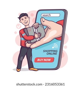 Young man get parcel with purchases from online store. Electronic commerce benefits. Shopping online on website. Fast delivery to buyer. Vector flat illustration in blue and red colors