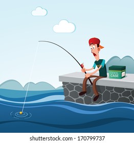 young man get shocked see his float while fishing