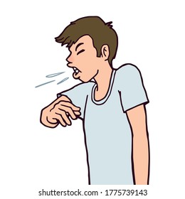 Young man get sick and sneezing. Vector illustration character, draw, sketch, doodle style.