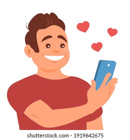 A young man gets likes on social networks. Smartphone in hand. Happy smile on your face. Vector cartoon illustration.