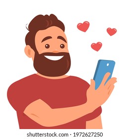 A young man gets likes on social networks. Smartphone in hand. A face with a beard and a happy smile. Vector cartoon illustration.