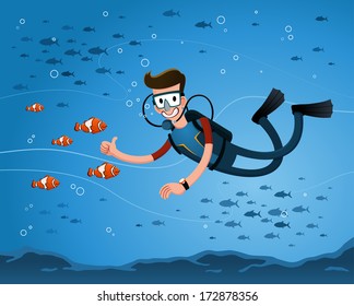 a young man getting a pose with clown fish while diving in the deep sea
