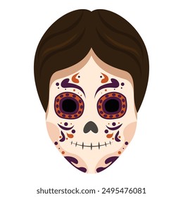 Young man is getting ready for day of the dead celebration by applying traditional sugar skull makeup