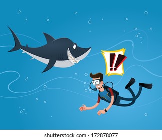 a young man getting scared meet a shark while diving in the deep sea