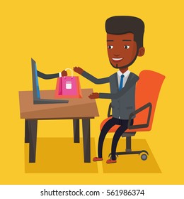 Young man getting shopping bags from laptop. Man making online order in virtual shop. Cheerful african-american man using laptop for online shopping. Vector flat design illustration. Square layout.