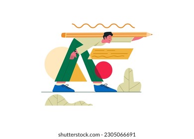Young man with a giant pencil on his back vector illustration design concept for landing page and business or advertising