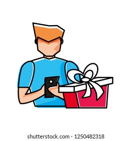 young man with gift box present and smartphone