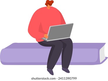 Young man with ginger hair working on laptop while sitting on purple bench. Freelancer typing, remote work, digital nomad vector illustration.