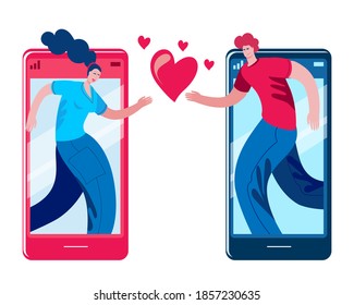 A young man and a girl declare their love to each other via a smartphone. Dating and love in social networks. The concept of a vector illustration in a flat style.