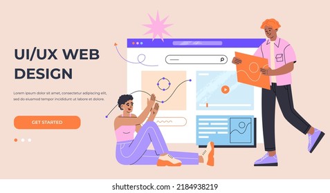 Young man and girl engaged in design user interface. UI, UX designers develop websites and mobile applications. Hand drawn vector illustration isolated on light background, modern flat cartoon style.