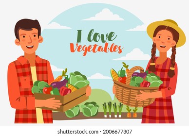 Young man and girl in a garden with a basket full of fresh vegetables: cabbage, pepper, tomato, carrot, corn, broccoli and eggplant in cartoon style