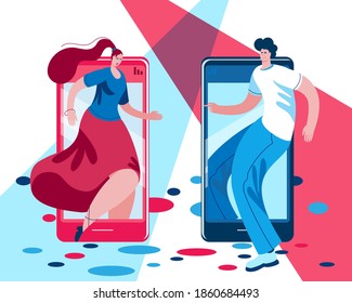 A young man and a girl hold an online disco. Vector illustration on the topic of quarantine, online meetings and parties.