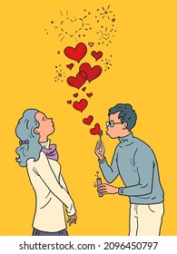 a young man and a girl in love with valentines, soap bubbles