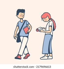 Un joven y una chica con cuadernos. Ilustración vectorial al estilo de las caricaturas.