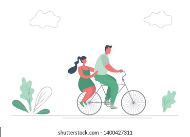 Young man with girl is riding a bike in the park. There is also plants and clouds in the picture. Concept of healthy lifestyle. People icon. Funny flat style. Vector illustration on a white background