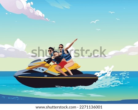 Young man and girl riding a jet ski vector illustration