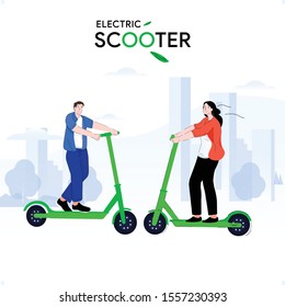 Young man and girl riding kick scooter electric with the happiness on her face acrossing the city park. Vector illustration design