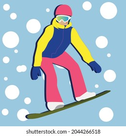 
A young man or girl snowboarder in winter clothes runs down the slope. Winter sports and recreation, outdoor activities.
Snowboarder jumping through the air. Flat vector