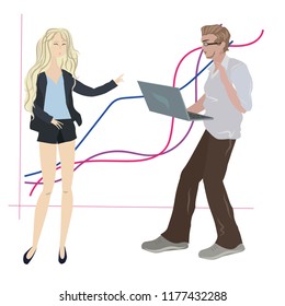 A young man and a girl solve a problem, a task, reach a goal, look at the growth chart. Office concept