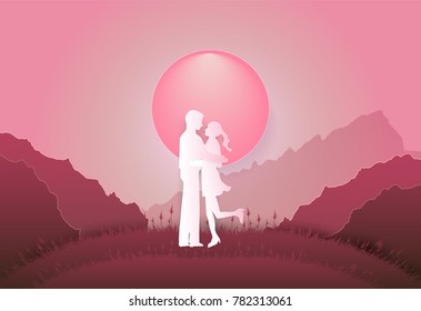 Young man and girl standing on the mountain valentine pink background paper art, paper craft style illustration