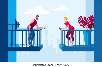 A young man and a girl are talking from different balconies. Vector illustration on the topic of Dating and meetings.