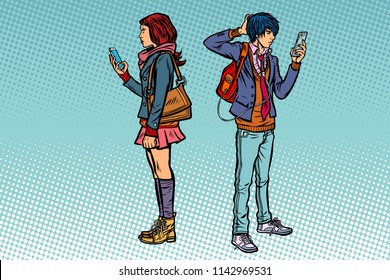 Young man and girl. Teen couple with smartphones. Pop art retro vector illustration kitsch vintage