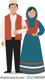 Young man and girl in traditional Turkish costume isolated on a white background. young couple in the traditional  dress of Turkey. flat drawing in cartoon style. vector illustration. EPS 10.