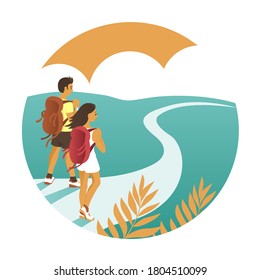 A young man and a girl are traveling with backpacks. They walk along the road in summer against the background of nature. Vector round illustration
