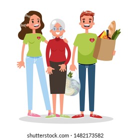 Young man and girl volunteer help old woman and carry her bag. Idea of support person on retirement. Smiling character. Isolated vector illustration in cartoon style