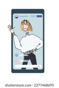young man, girl waving hand from phone screen. line illustrations, Flat style, isolated vector element, hand lettering