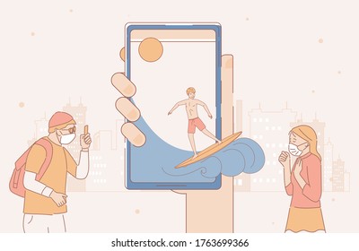 Young man and girl wearing face mask against air pollution and hand holding smartphone with man riding on surfboard at the sea vector cartoon outline illustration. City smog and summer vacation.