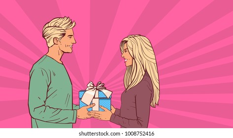 Young Man Give Gift Box To Woman Holiday Present Comic Retro Background Beautiful Couple In Love Vector Illustration