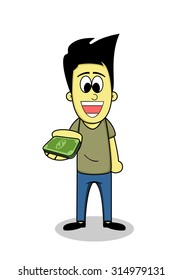 Young man give some dollar cartoon character