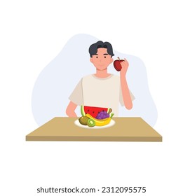 A young man give suggestion to eat healthy food and eating red apple on table.  Flat vector illustation