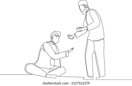 A young man gives alms to people who can not afford, is a form of help. Muslim family. Ramadan activity. Vector illustration. Muslim. Ramadan.
