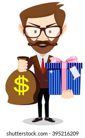 The young man gives a bag with dollars and gift, vector illustration