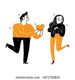 A young man gives a big heart to a young woman with love, Love concept of couple, Vector Illustration cartoon doodles style