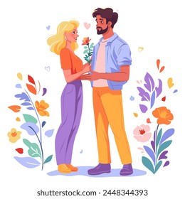 Young man gives flower to beautiful blond woman. Love and date concept. Vector flat illustration