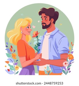 Young man gives flower to beautiful blond woman. Love and date concept. Vector flat illustration