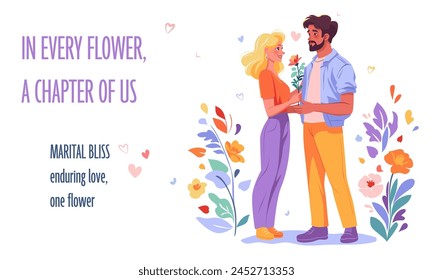 Young man gives flower to beautiful blond woman. Love and date concept. Vector flat illustration