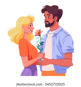 Young man gives flower to beautiful blond woman. Love and date concept. Vector flat illustration