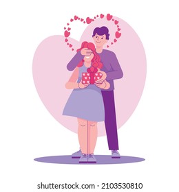 Young man gives a gift to a girl hugging her from behind and covering her eyes with his hand. Romantic surprise. Happy couple. Vector illustartion isolated, character design, background