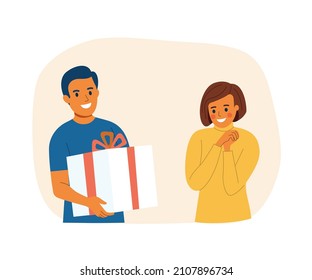 Young man gives a gift to a young woman. Vector flat style illustration