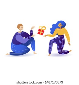 The young man gives the girl a gift packed in a red box. The characters in the exaggerated style.