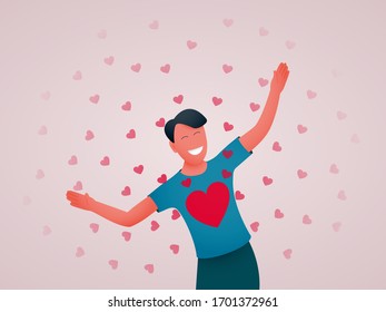 Un joven le da corazones y amor a todo lo que hay alrededor. Ilustración vectorial.