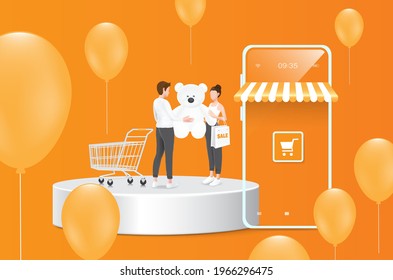 A young man gives a teddy bear to a young woman with a smartphone store next to it, Online shopping template via smartphone app,shopping online concept design,A man gives a girl a gift a teddy bear