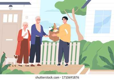 Young man giving a bag of groceries to elderly couple. Shopping help and delivery service. Volunteer support seniors during coronavirus outbreak. Vector illustration in flat cartoon style