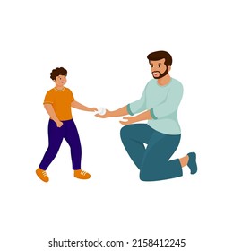 Young Man Giving Ball To Boy On White Background.
