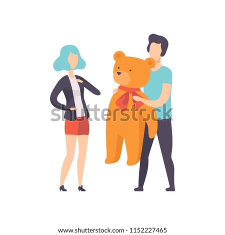 Young man giving big teddy bear to girlfriend, people celebrating the holidays concept, congratulations to a friend vector Illustration on a white background